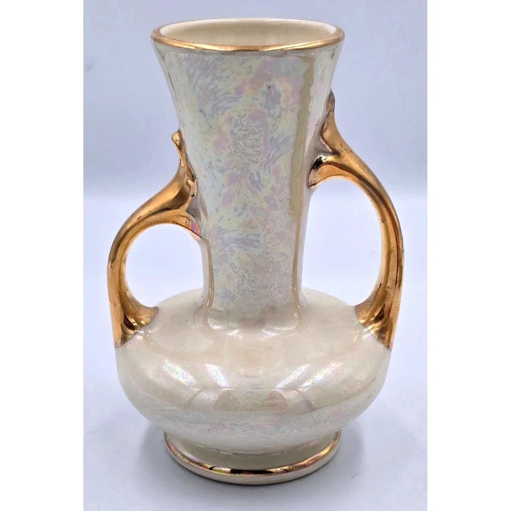 22KT Gold Trim Vintage Pearl China Co Iridescent Lusterware Vase Double Handlled